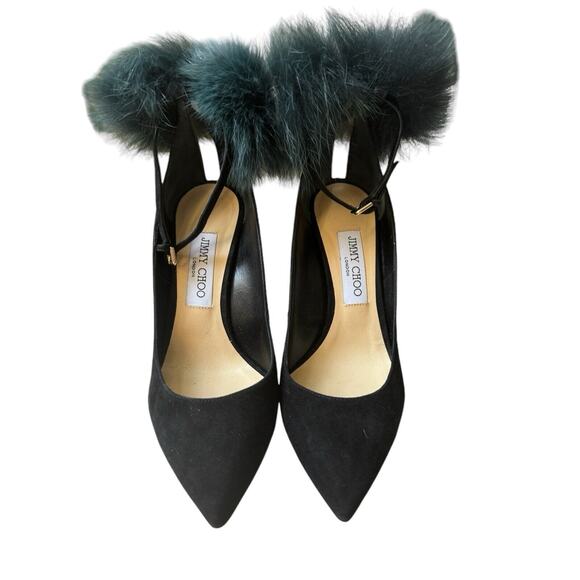 NEW Jimmy Choo Black Rosa 100 Fox Fur Pom-pom Suede D'orsay Ankle-strap Pumps 38 - Picture 3 of 8